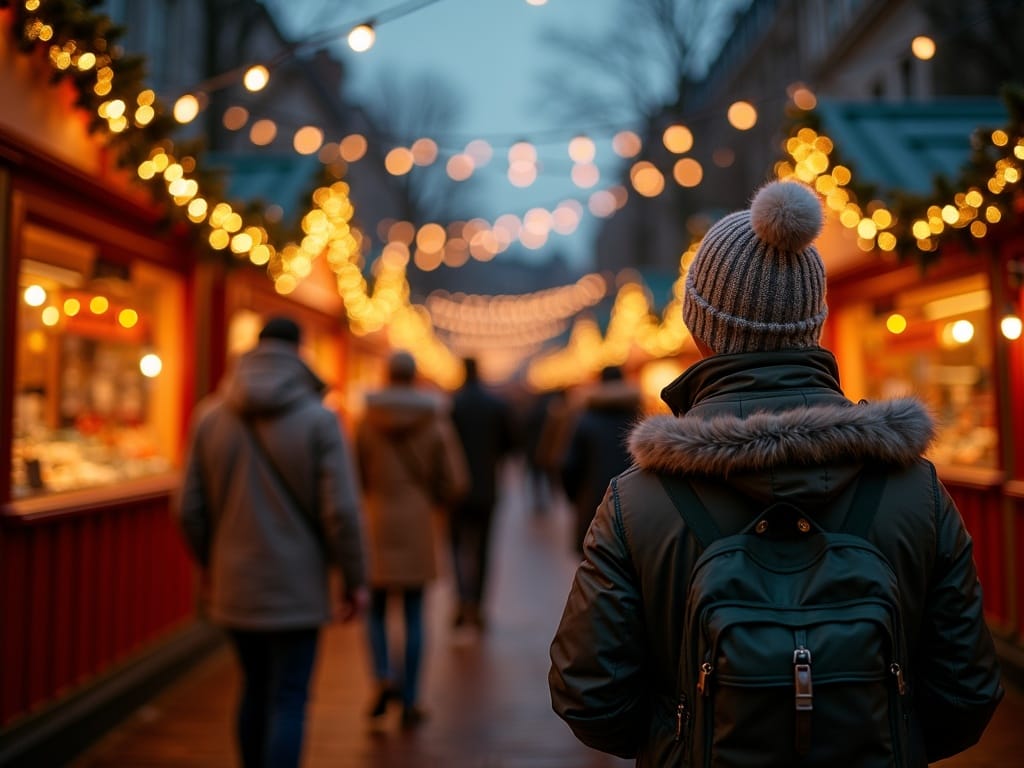 Vlaamse familie bezoekt 's avonds een kerstmarkt in het VK met rode, groene en gouden lichtjes