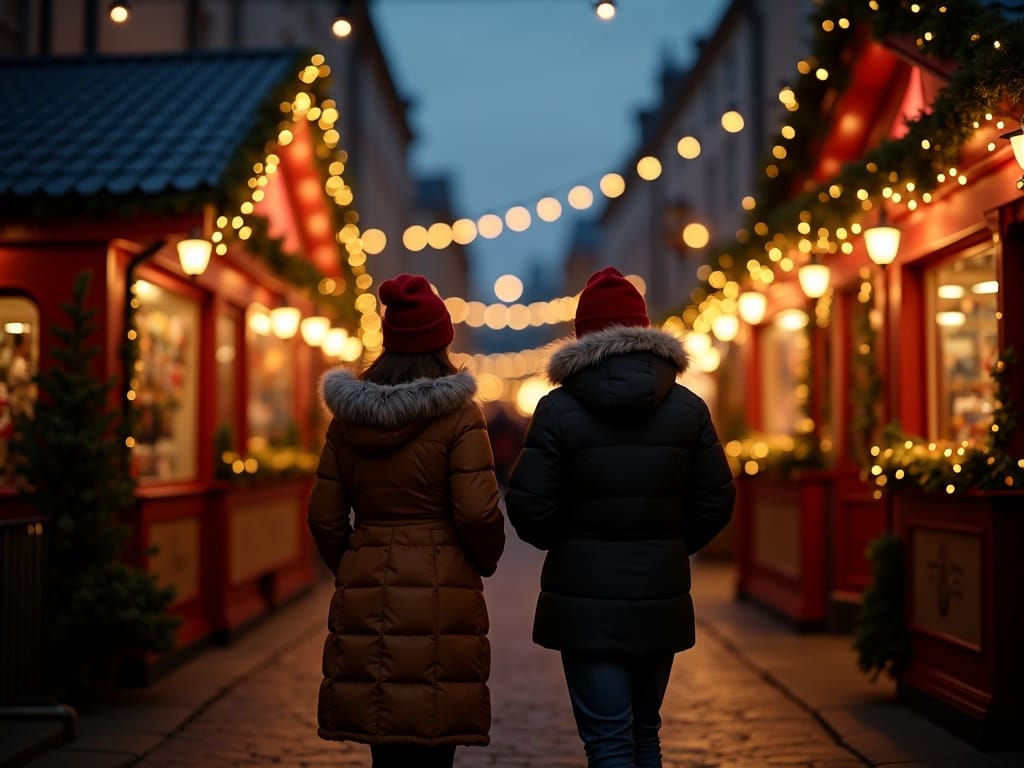 Vlaamse familie bezoekt kerstmarkt in het VK met feestverlichting in de avond