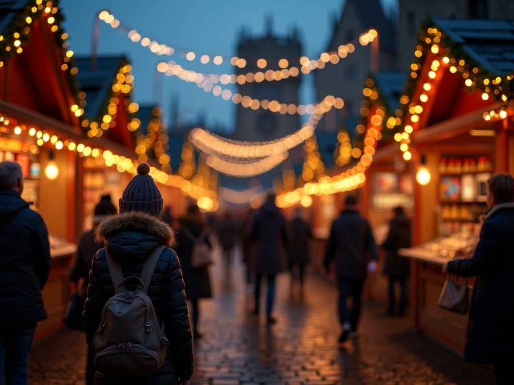 Vlaamse familie geniet van Britse kerstmarkt met fonkelende lichtjes en kraampjes in de avond