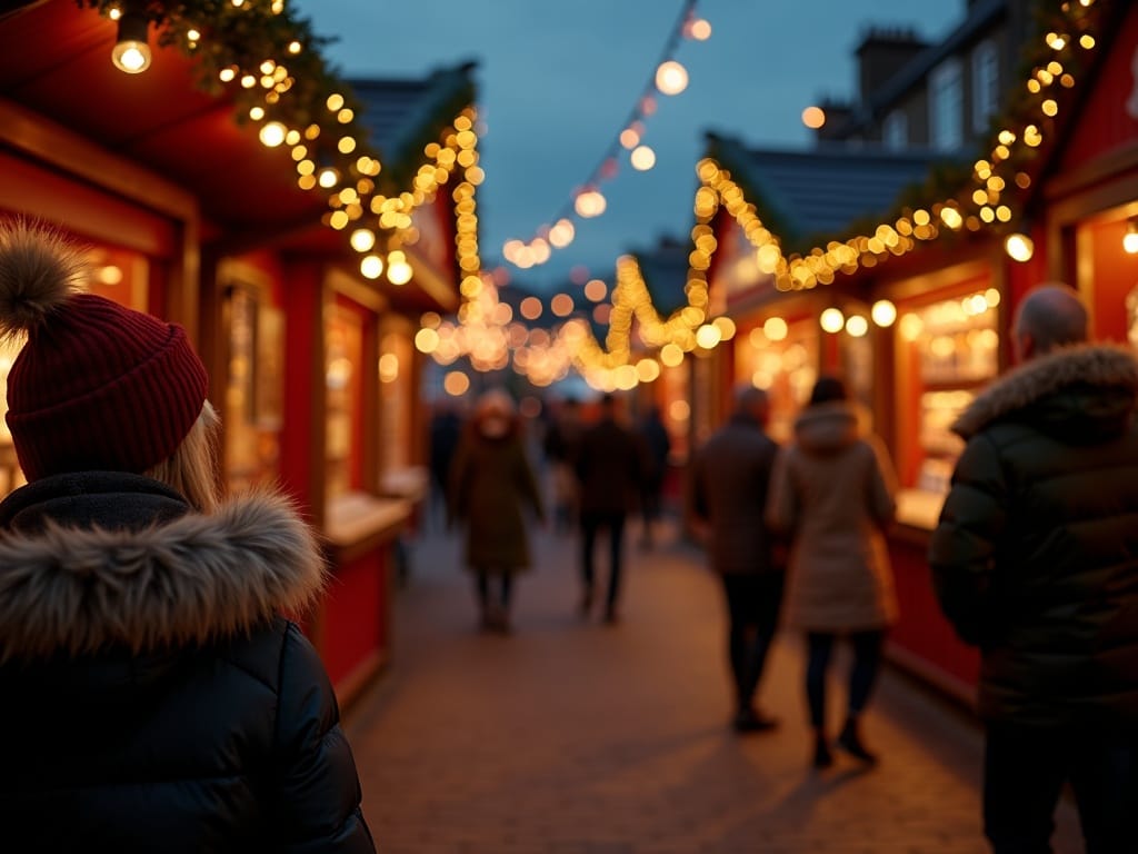 Vlaams gezin geniet van kerstmarkt in het VK bij avondlicht met kerstverlichting