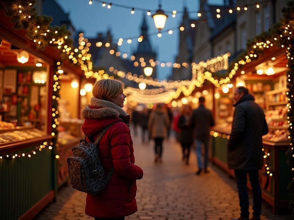 Vlaamse familie geniet van kerstmarkt in het VK met avondverlichting
