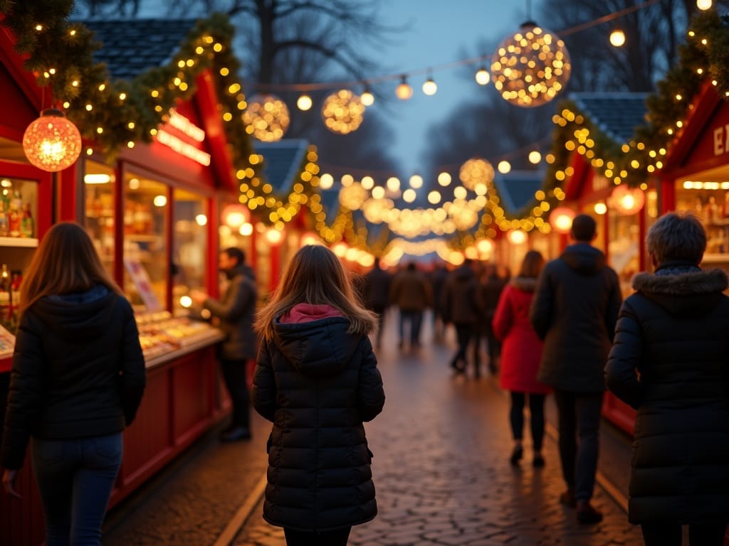 Gezin geniet van kerstmarkt in het VK met avondverlichting en kraampjes
