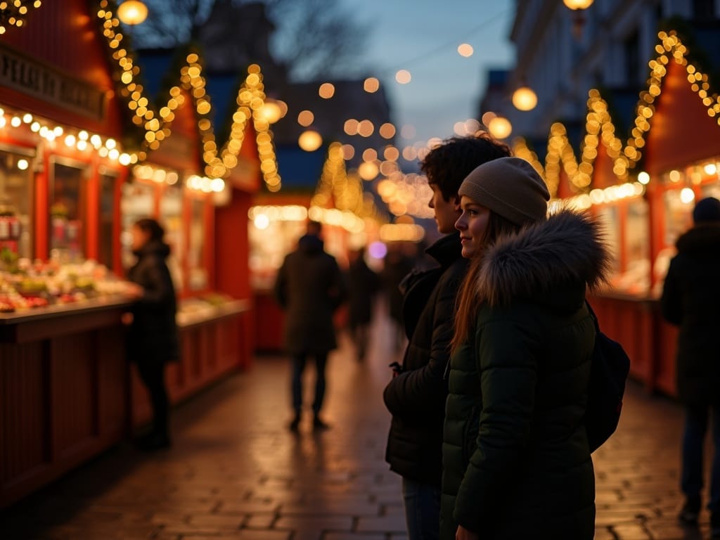 Vlaamse familie bezoekt kerstmarkt in het VK bij avondlicht