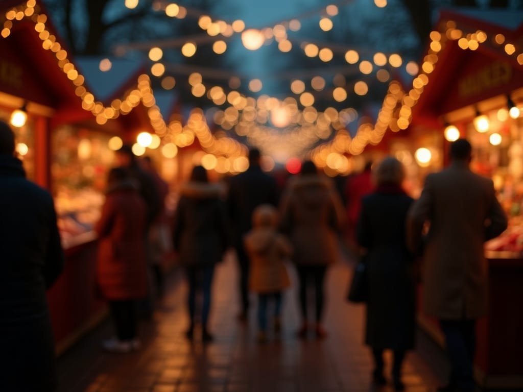 Vlaams gezin geniet van kerstmarkt in het VK bij avondlicht met rode, groene en gouden versiering