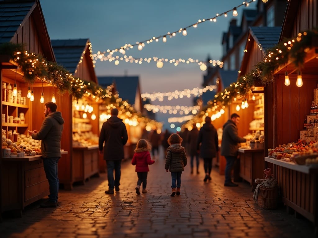 Vlaams gezin bezoekt 's avonds een kerstmarkt in het VK met lichtjes en feestelijke sfeer