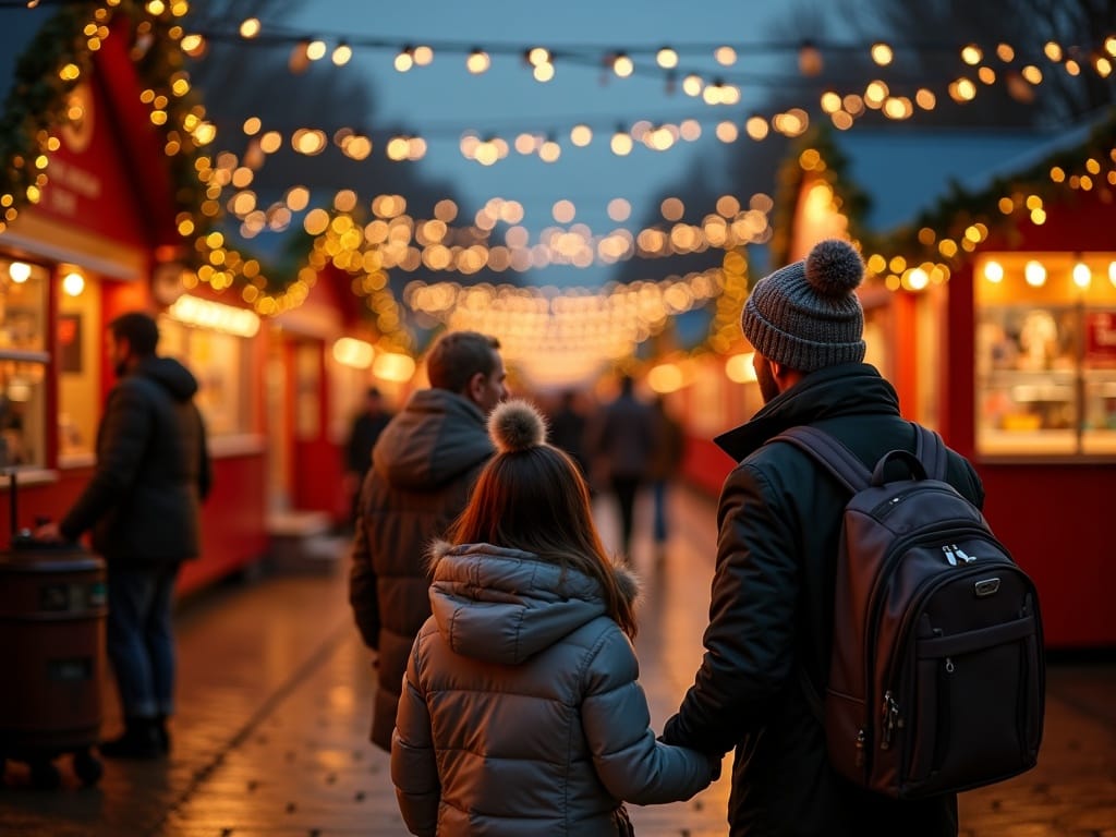 Een Vlaams gezin geniet van een kerstmarkt in het VK onder avondverlichting