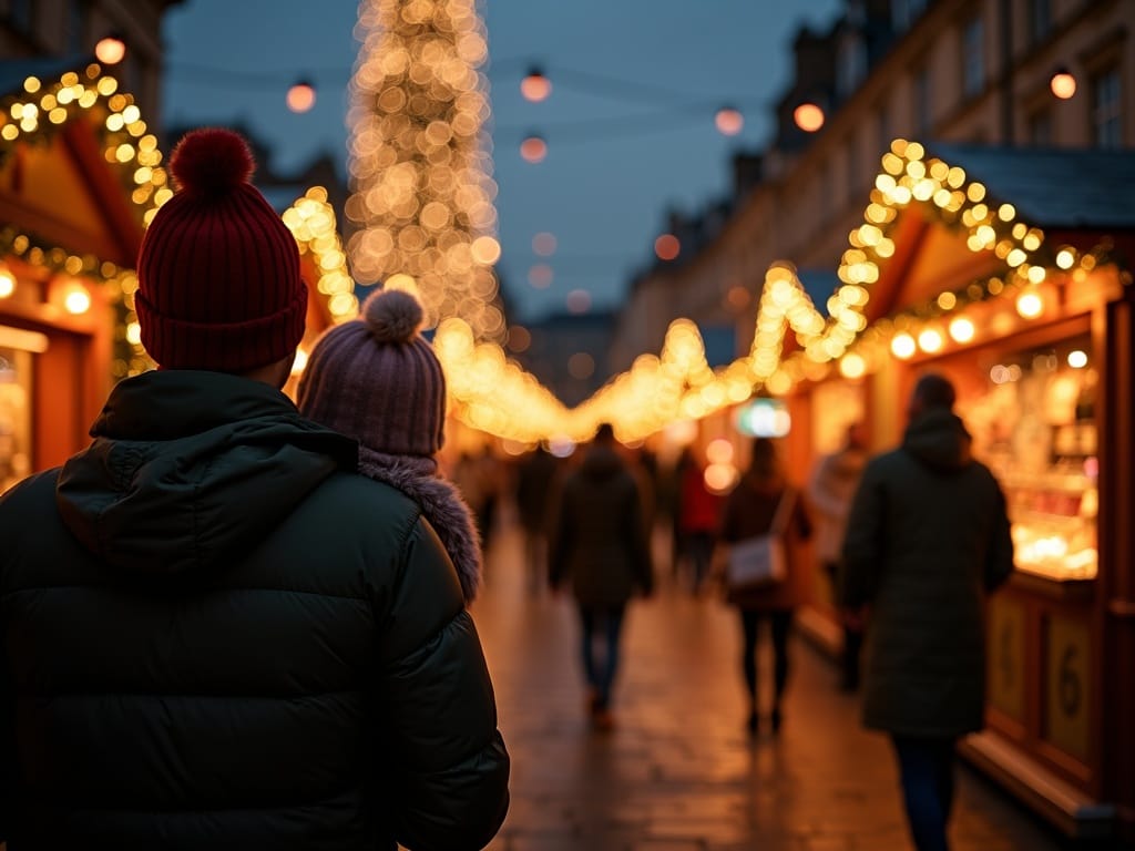 Vlaams gezin geniet van feestelijke sfeer op Engelse kerstmarkt bij avondlicht
