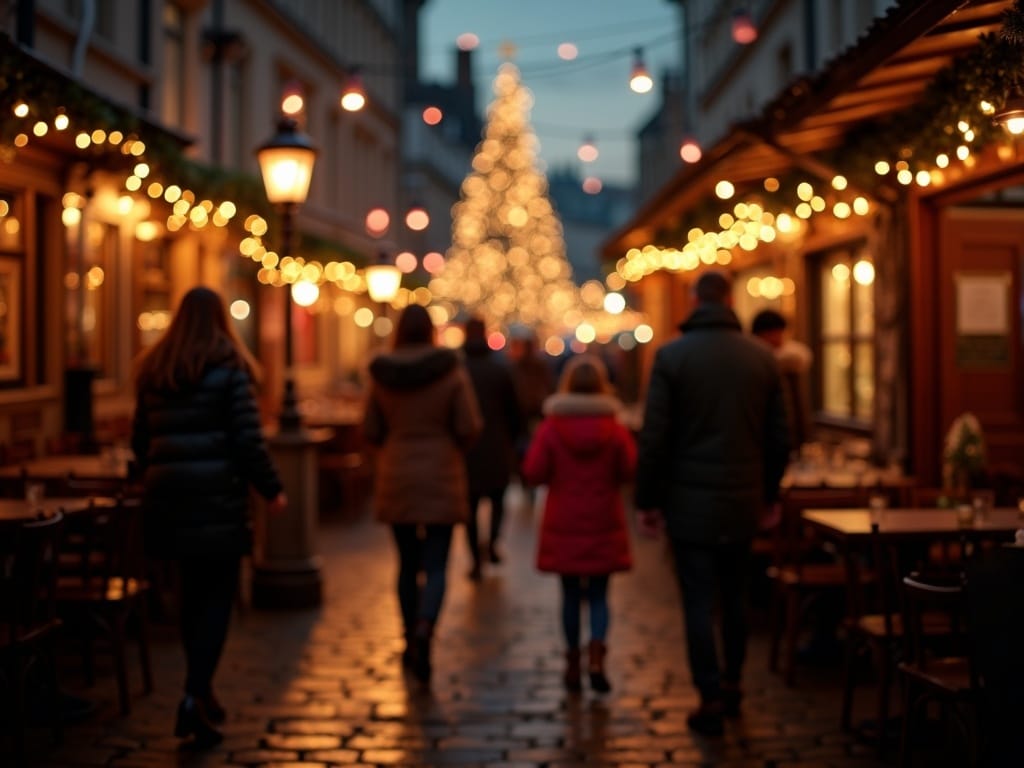 Vlaams gezin bezoekt 's avonds een Britse kerstmarkt onder kerstverlichting