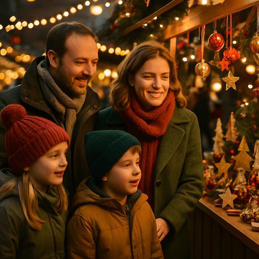 Vlaamse familie wandelt langs kraampjes op een kerstmarkt in het VK bij avondlicht