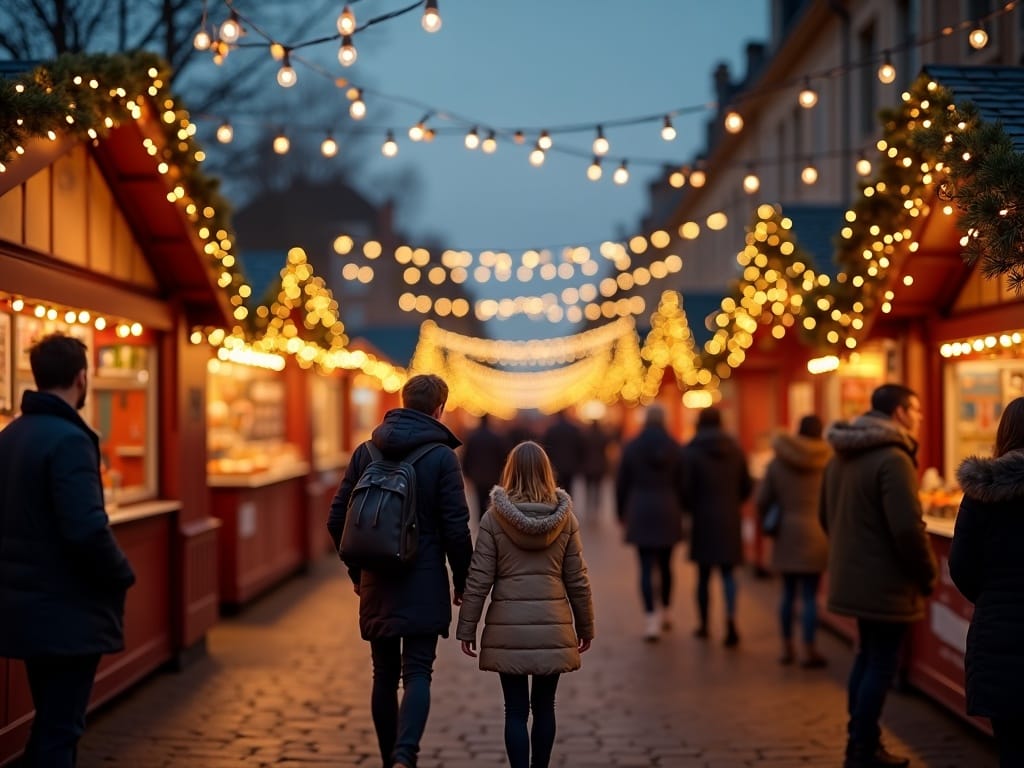 Familie geniet van een avond op een Britse kerstmarkt met feestverlichting