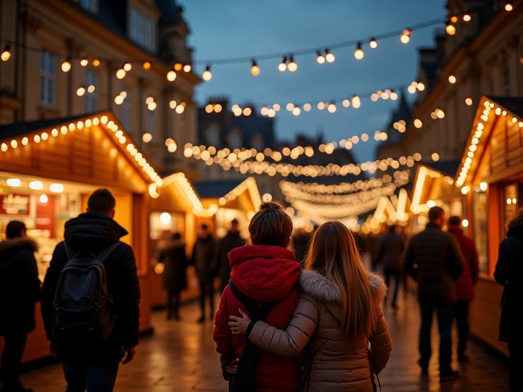 Gezin bezoekt Britse kerstmarkt in openlucht bij avondlicht met feestverlichting