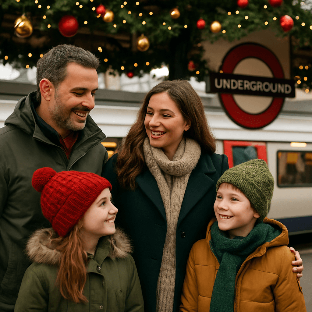Vlaams gezin bezoekt kerstmarkt in het VK bij avondlicht, sfeervol verlicht