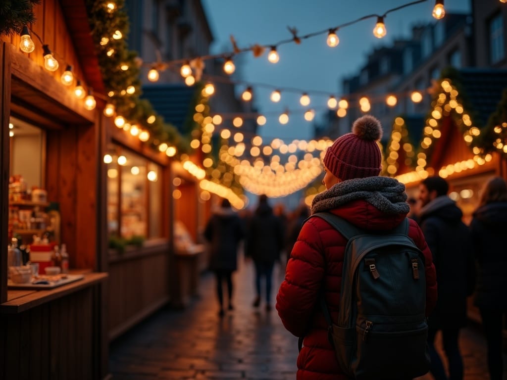 Belgisch gezin bezoekt kerstmarkt in het VK bij avondlicht