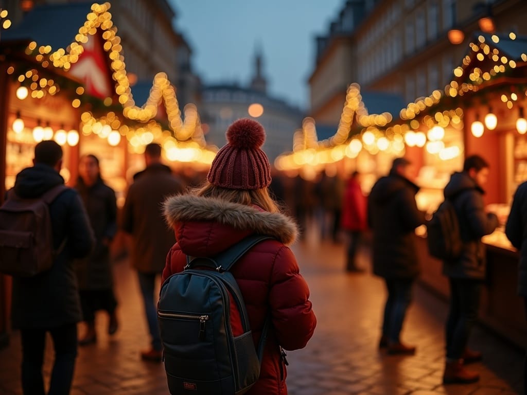 Vlaams gezin bezoekt een kerstmarkt in het VK bij avondlicht