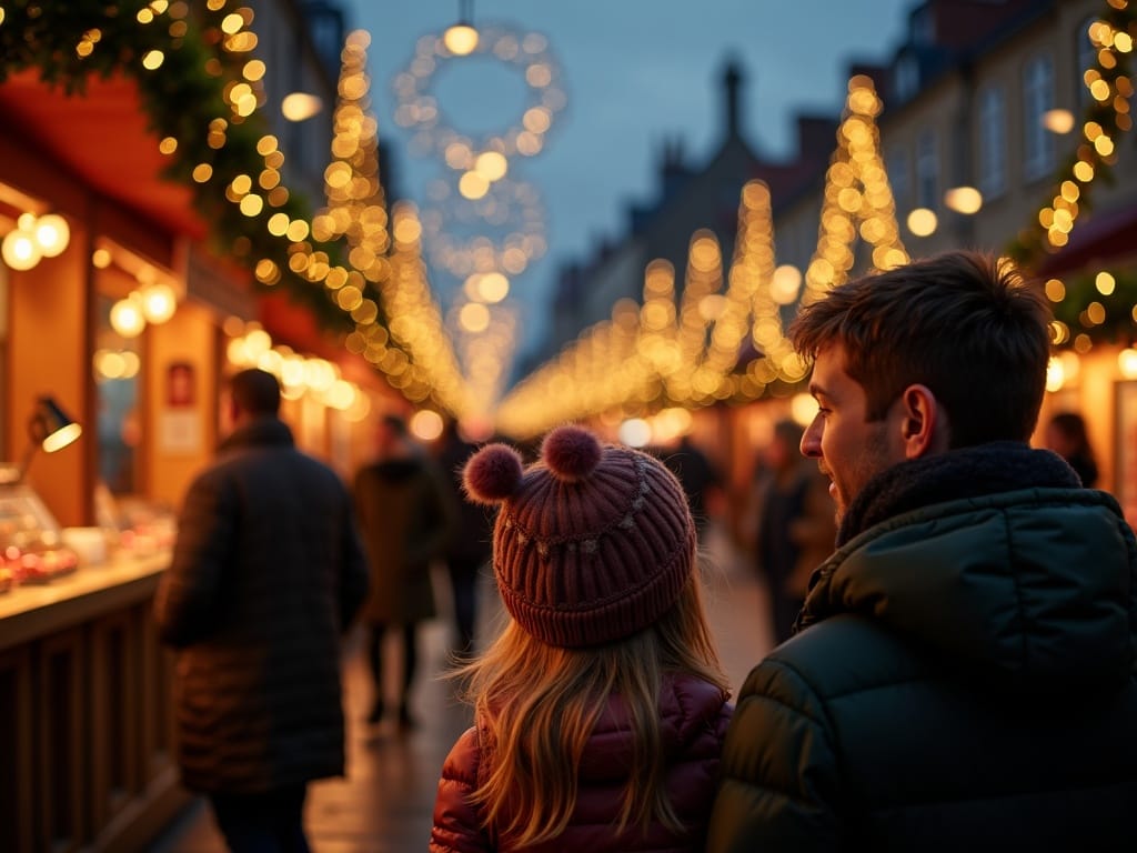 Gezin geniet van kleurrijke kerstmarkt in het VK bij avondlicht