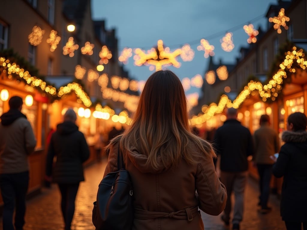 Gezin bezoekt een kerstmarkt in het Verenigd Koninkrijk bij avondlicht