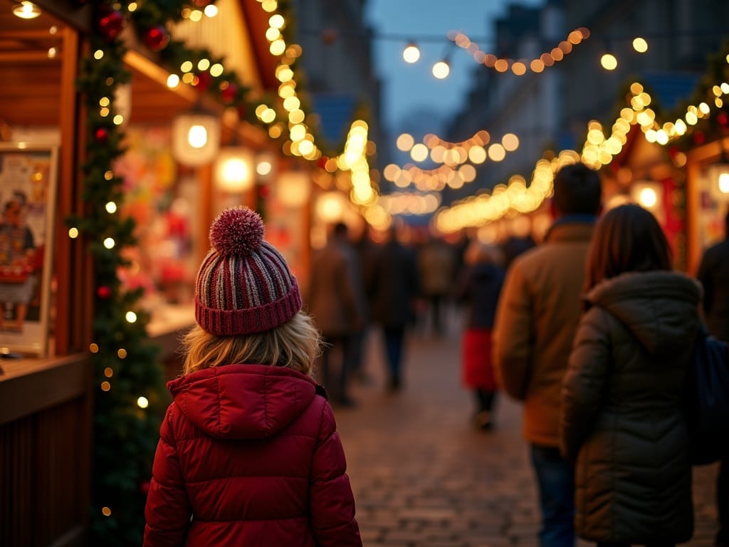 Gezin wandelt over een kerstmarkt in het VK met lichtjes en kraampjes