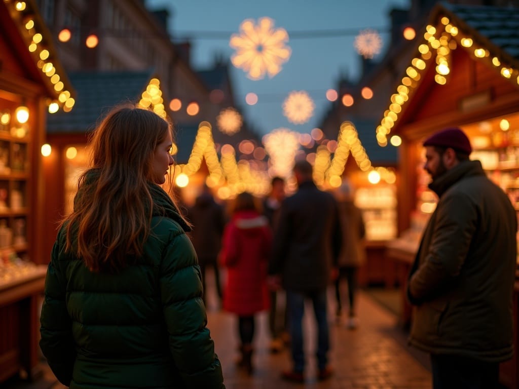 Vlaamse familie bezoekt Britse kerstmarkt onder feestelijke avondverlichting
