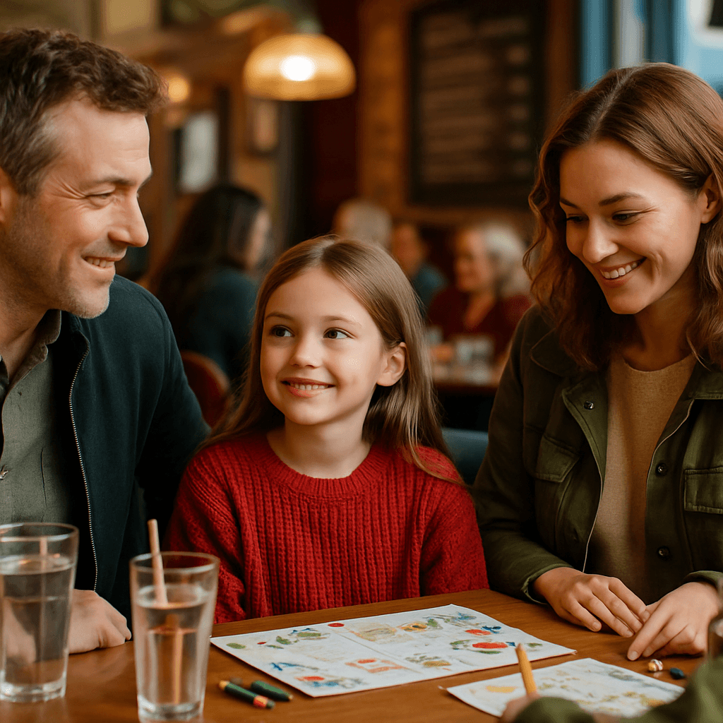 Vlaamse familie geniet 's avonds van kerstmarkt in het VK met feestverlichting