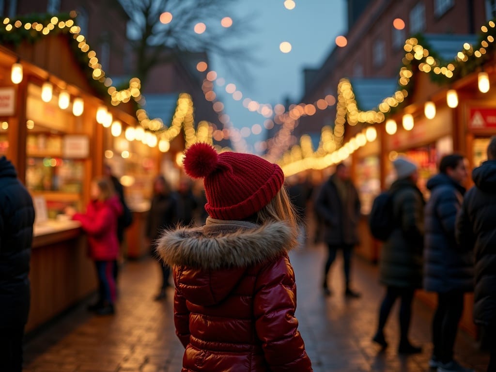 Vlaamse familie op een Londense kerstmarkt met lichtjes en kraampjes