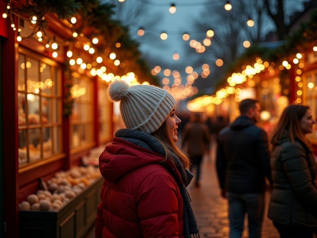 Vlaams gezin wandelt langs kraampjes op een kerstmarkt in Londen bij avondlicht