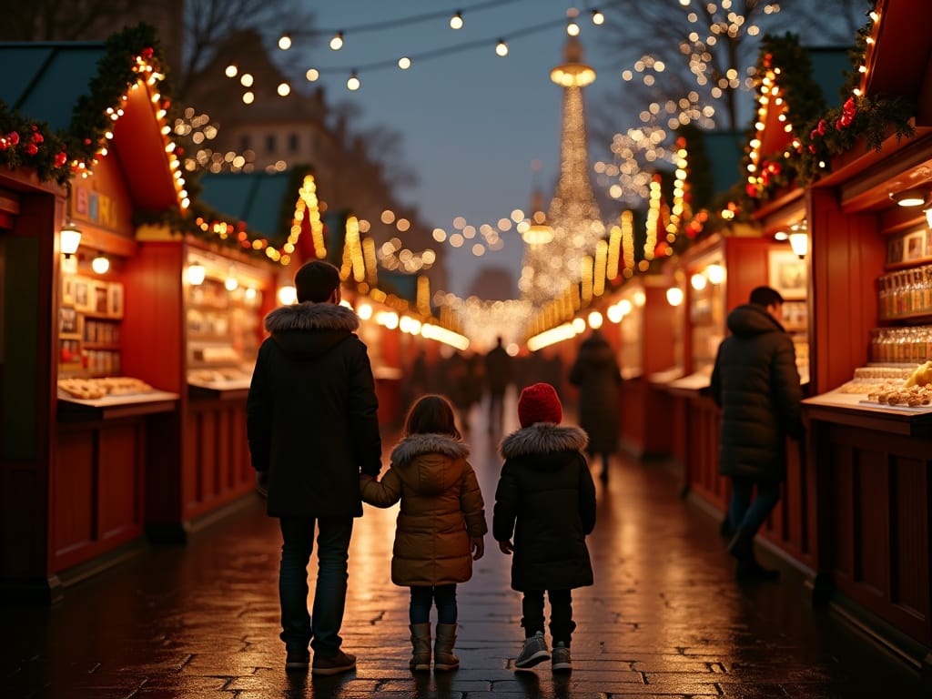 Gezin bezoekt kerstmarkt in Londen bij avond met feestverlichting
