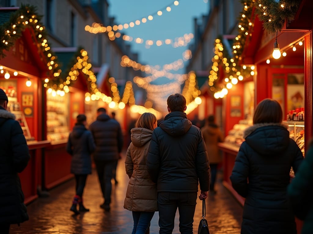 Vlaamse familie op kerstmarkt in Londen met feestverlichting en kraampjes
