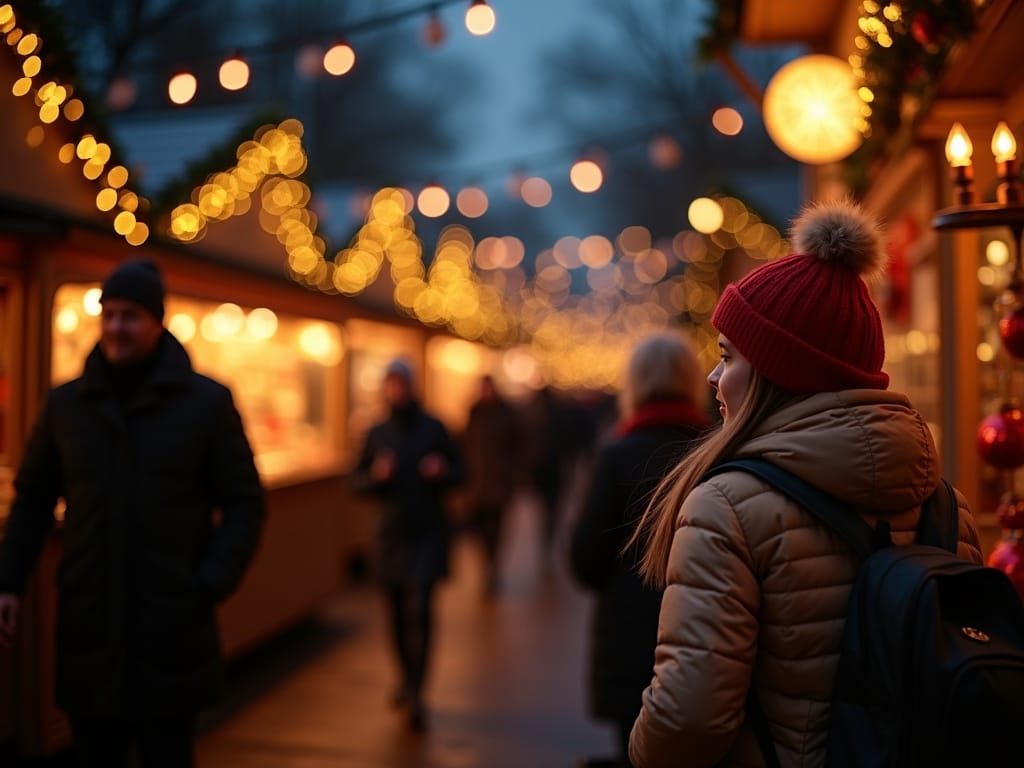 Gezin bezoekt kerstmarkt in Londen met lichtjes en kraampjes in de avond