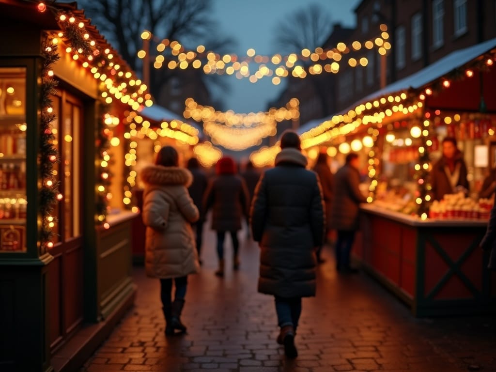 Gezin bezoekt kerstmarkt in Londen bij avondlicht met rode, groene en gouden versiering