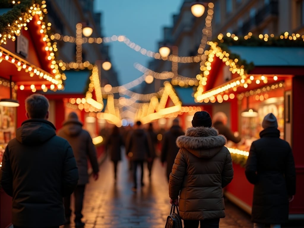 Vlaams gezin bezoekt kerstmarkt in Londen bij avondlicht met feestverlichting