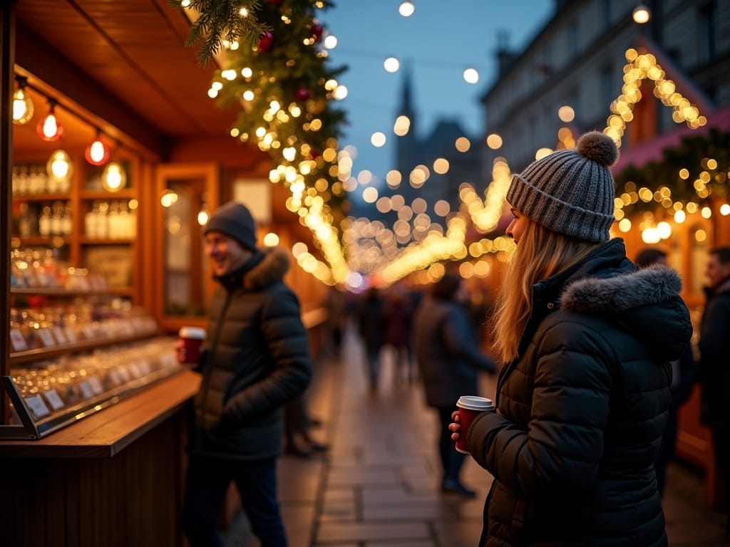 Vlaams gezin bezoekt kerstmarkt in Londen bij avondlicht met feestverlichting