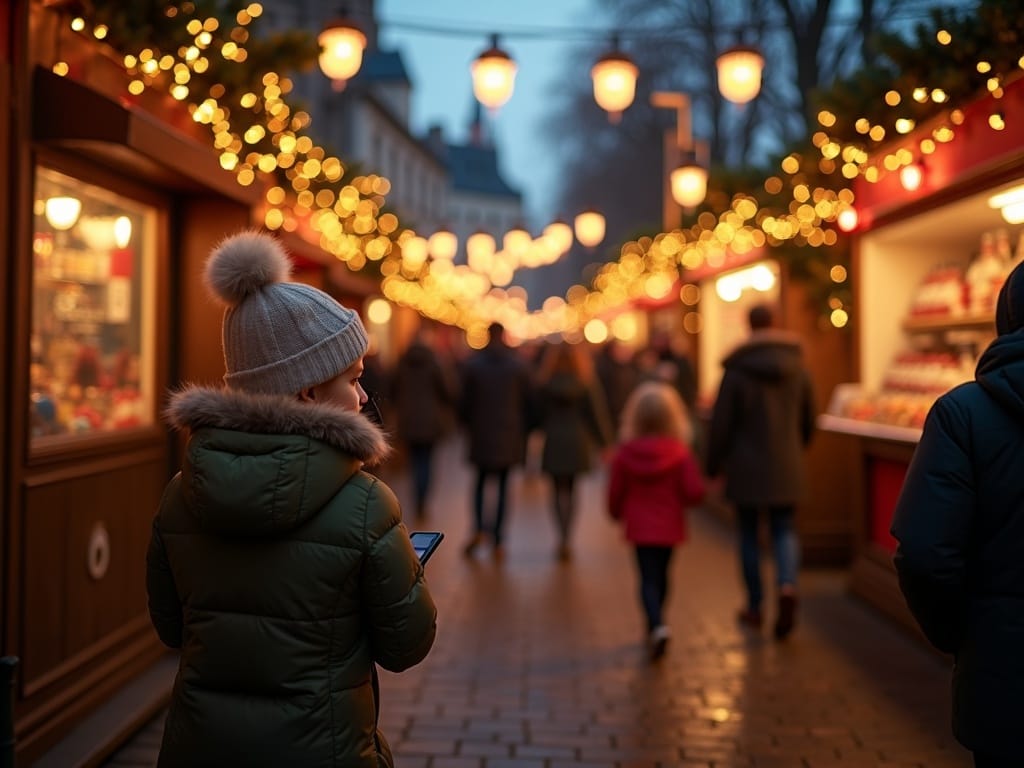 Vlaams gezin bezoekt Londense kerstmarkt in de avond met lichtjes