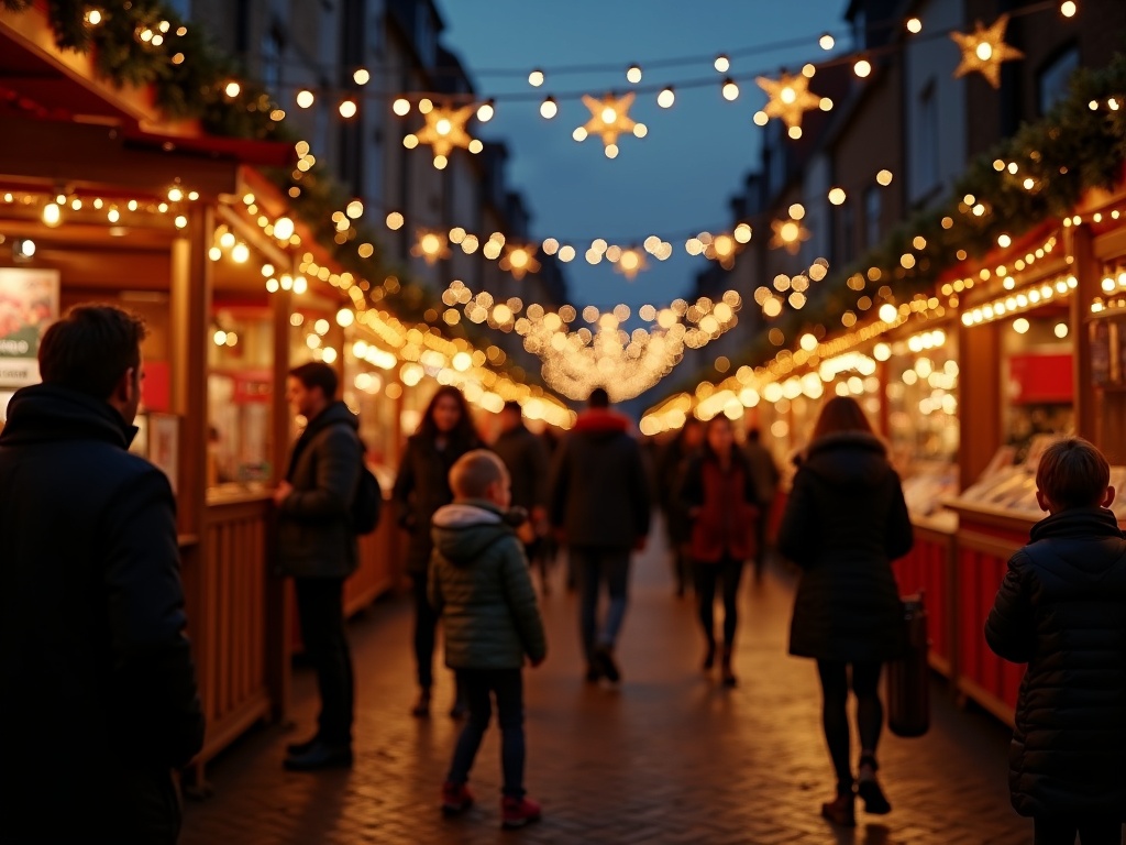 Vlaams gezin bezoekt kerstmarkt in Londen, omringd door lichtjes in rood, groen en goud