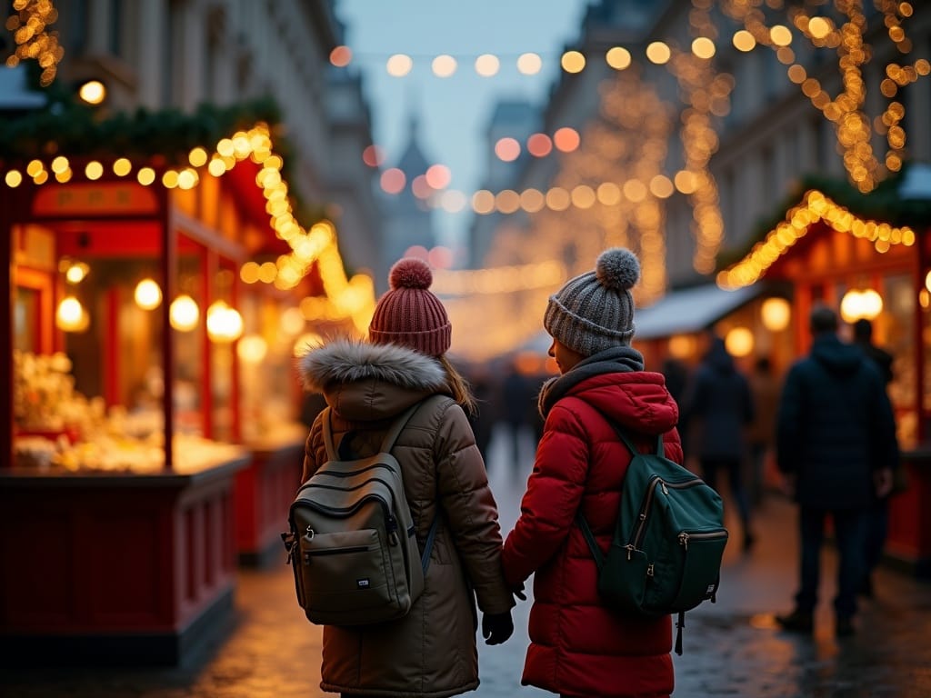Gezin bezoekt Londense kerstmarkt bij avondlicht met rode, groene en gouden decoraties