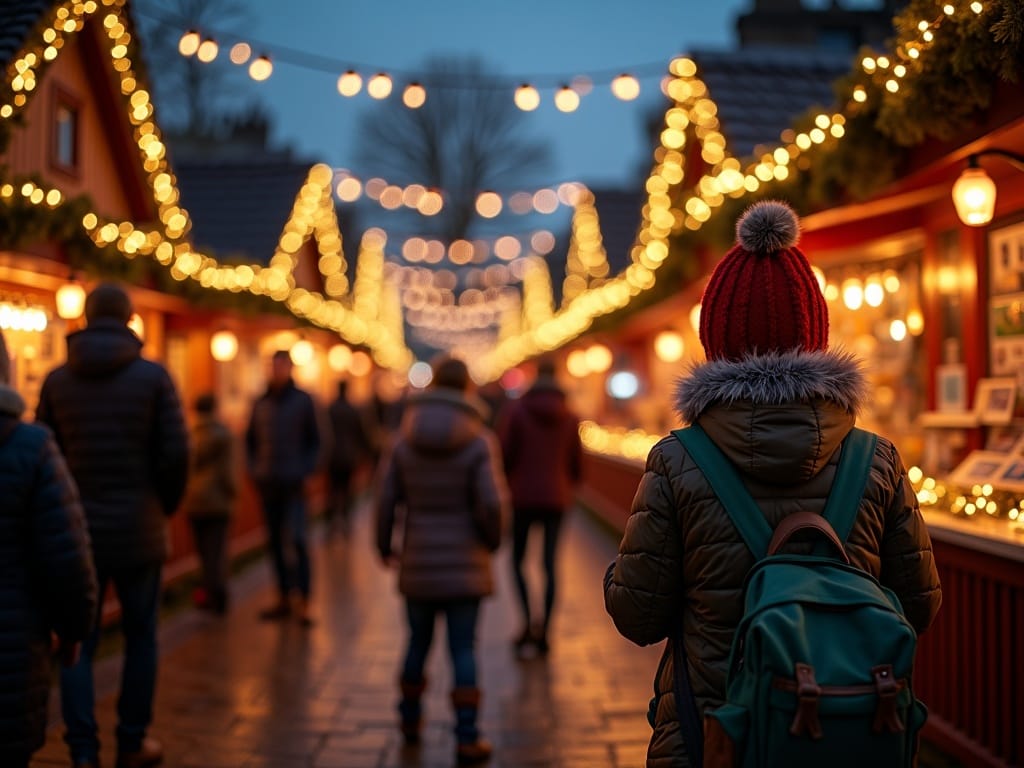 Vlaamse familie bezoekt een feestelijke kerstmarkt in Schotland bij avondlicht