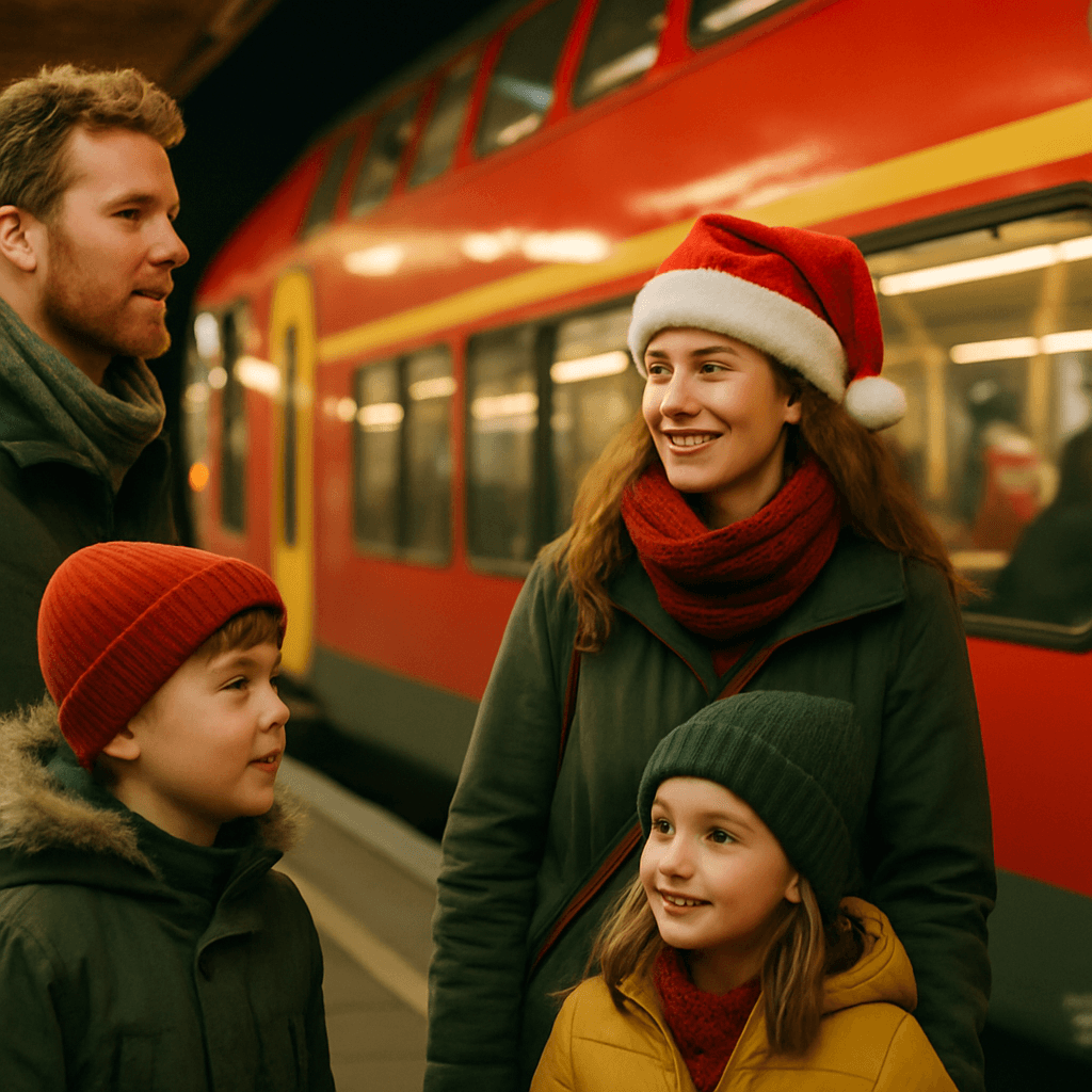 Vlaams gezin bezoekt een Britse kerstmarkt bij avondlicht, omringd door sfeervolle decoratie