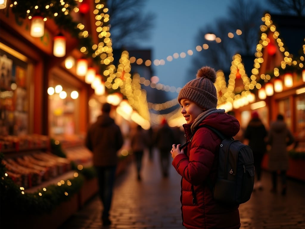 Gezin bezoekt Britse kerstmarkt bij avondlicht met feestverlichting