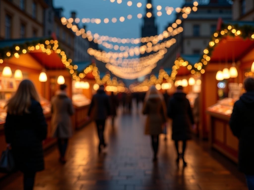 Vlaamse familie geniet van avond op een Britse kerstmarkt met feestverlichting