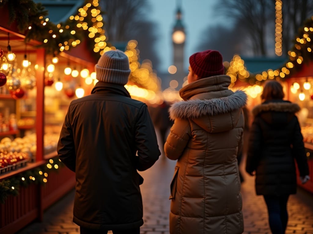 Vlaamse familie bezoekt kerstmarkt in VK met feestverlichting in de avond