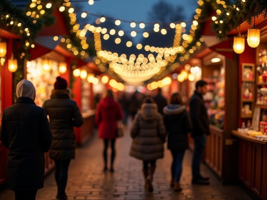 Vlaams gezin bezoekt 's avonds een kerstmarkt in het VK met lichtjes en decoratie