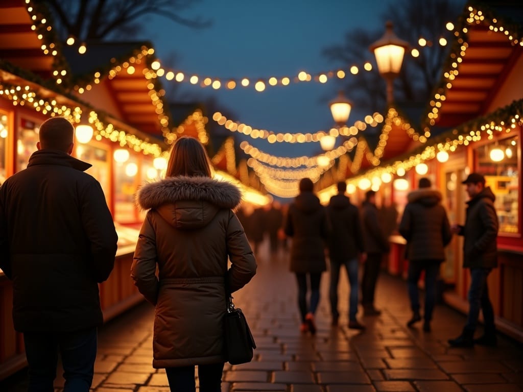 Vlaamse familie bezoekt 's avonds een kerstmarkt in het VK met lichtjes en kraampjes