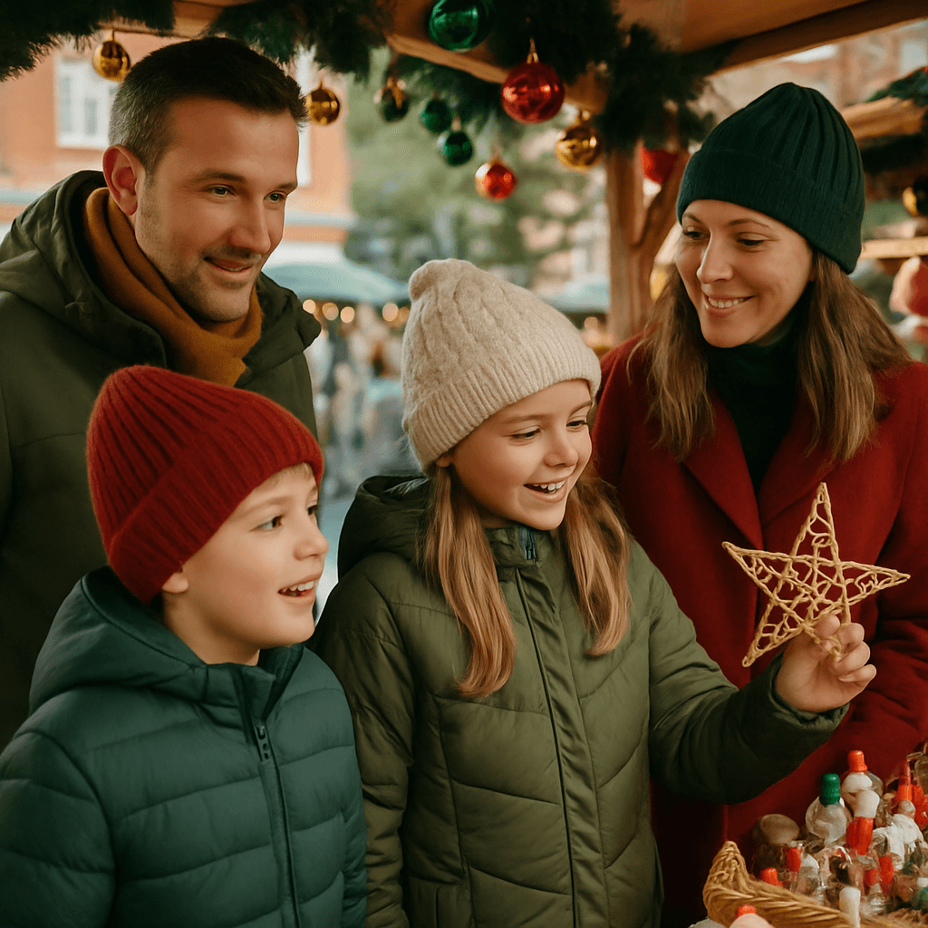 Vlaams gezin geniet van kerstmarkt in het VK bij sfeervolle avondverlichting
