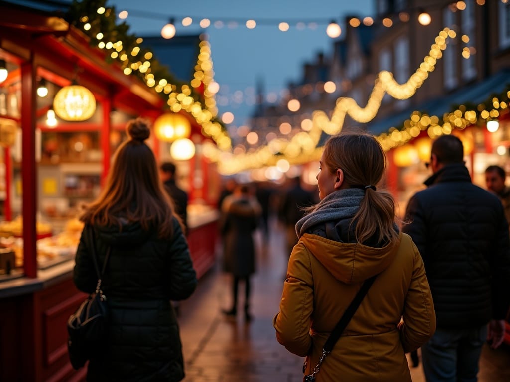 Vlaams gezin bezoekt Britse kerstmarkt met lichtjes en kraampjes in avond