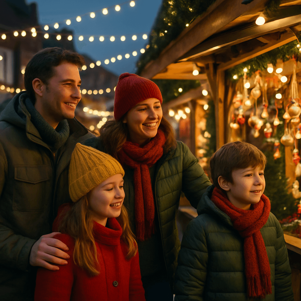 Vlaamse familie bezoekt kerstmarkt in VK bij avondlicht met feestverlichting