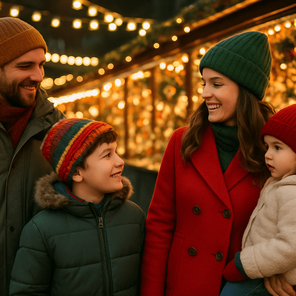 Vlaamse familie bezoekt kerstmarkt in het VK bij avondlicht