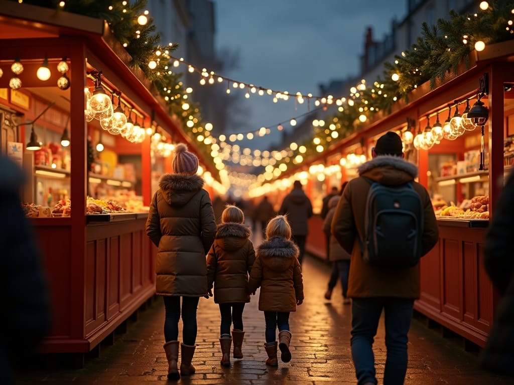 Vlaamse familie geniet van avond op een Britse kerstmarkt vol lichtjes