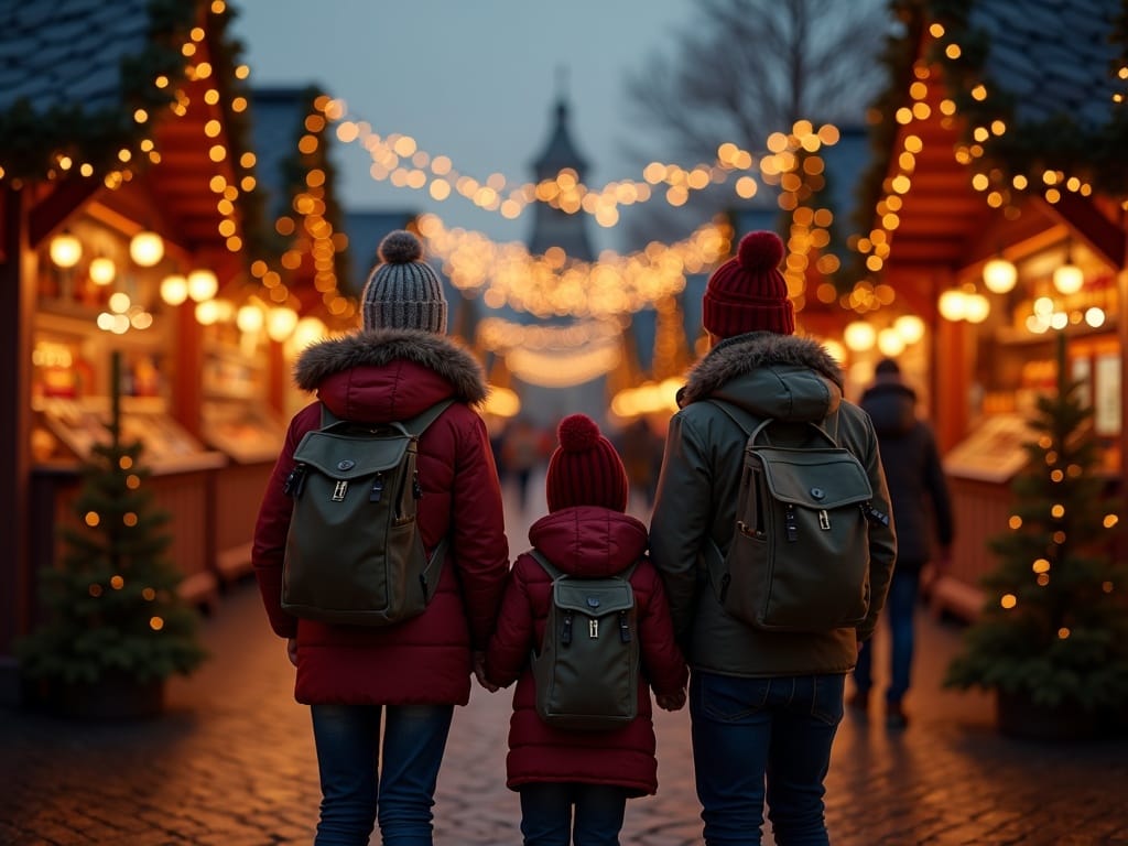 Gezin bezoekt kerstmarkt in het VK met lichtjes en kraampjes in avondlicht
