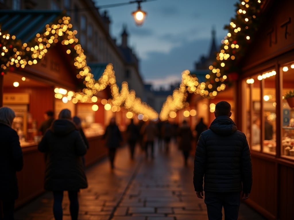 Gezin geniet van avond op een kerstmarkt in het VK met lichtjes
