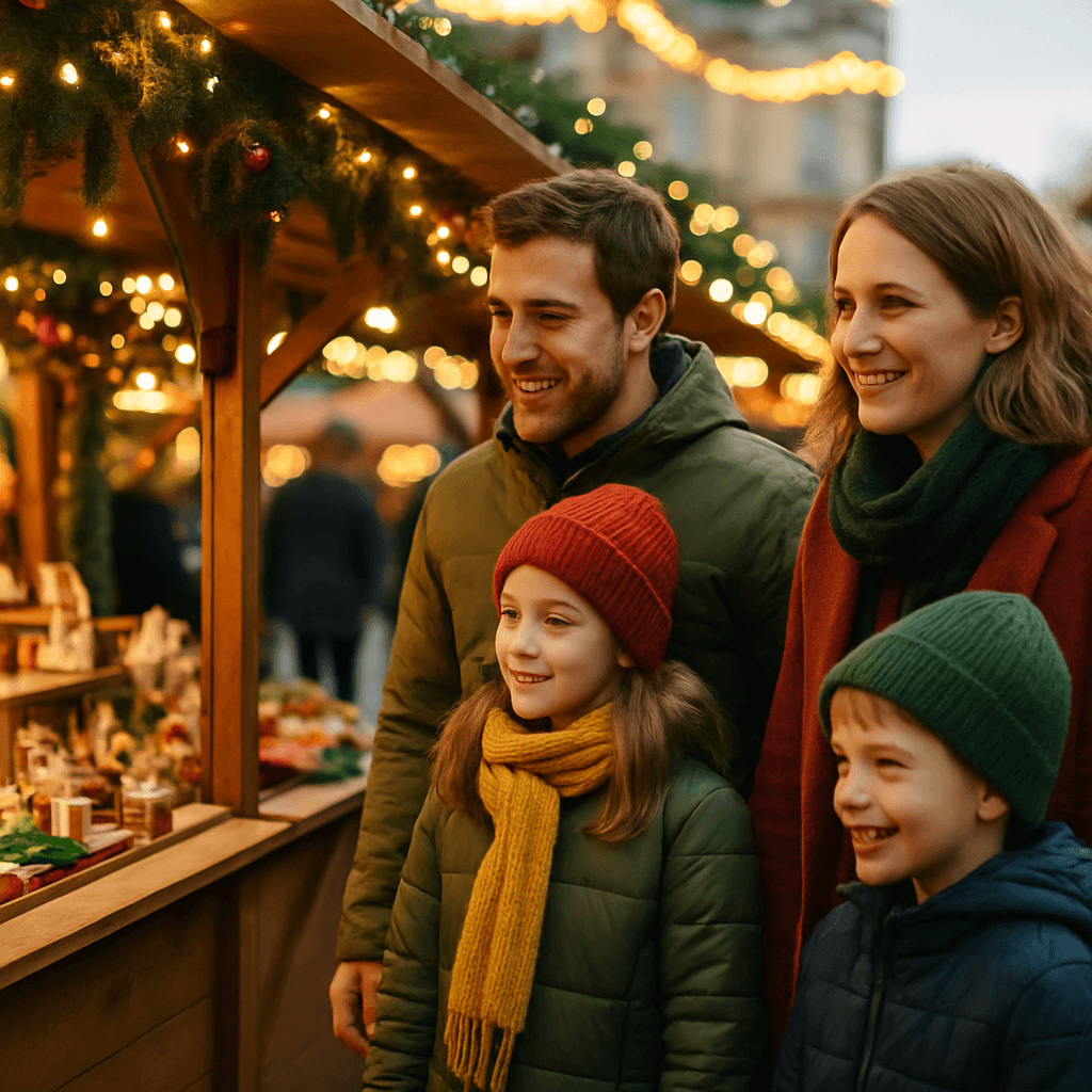 Vlaams gezin bezoekt een kerstmarkt in het VK bij avondlicht met feestverlichting