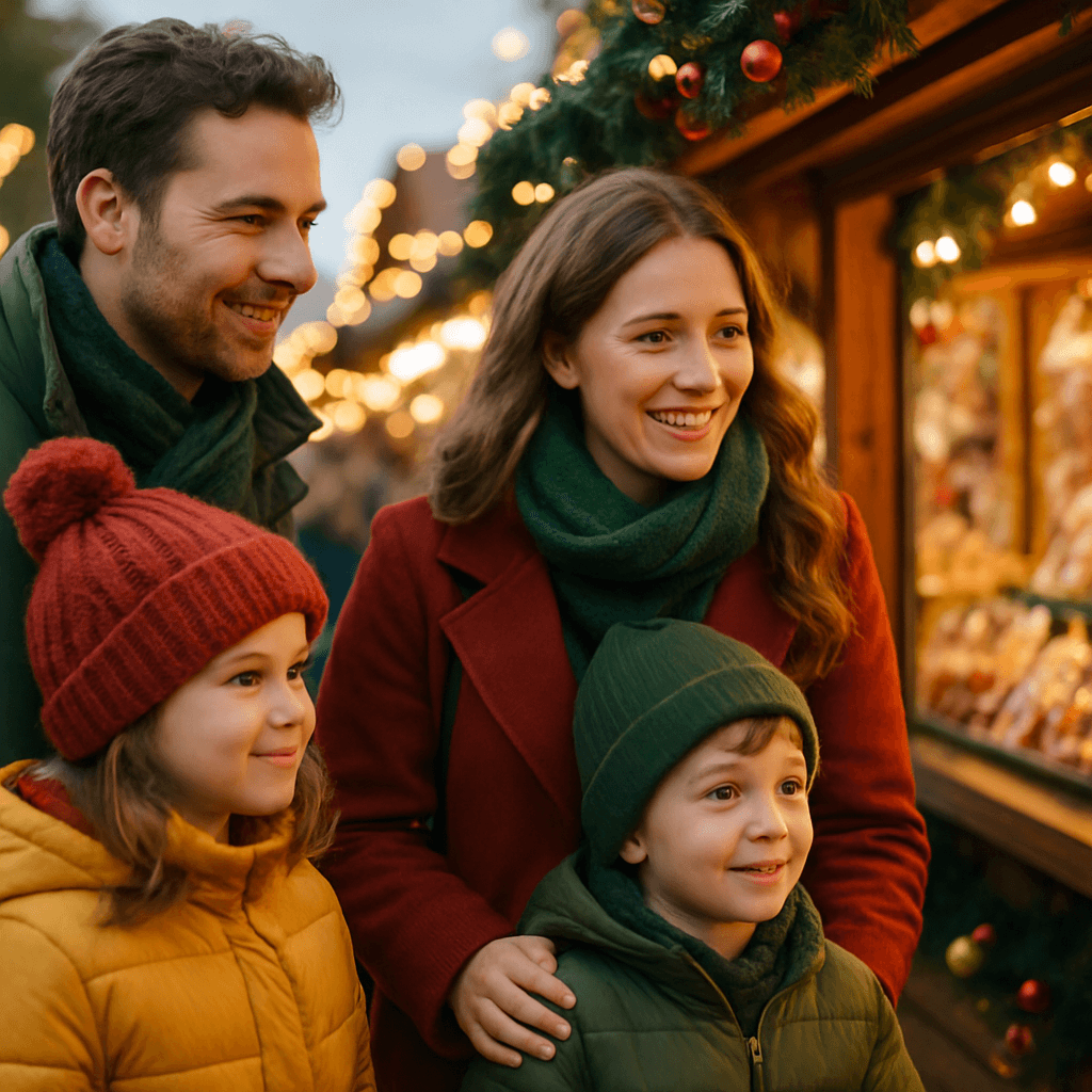 Vlaamse familie bezoekt kerstmarkt in het VK bij avondlicht met feestelijke decoraties